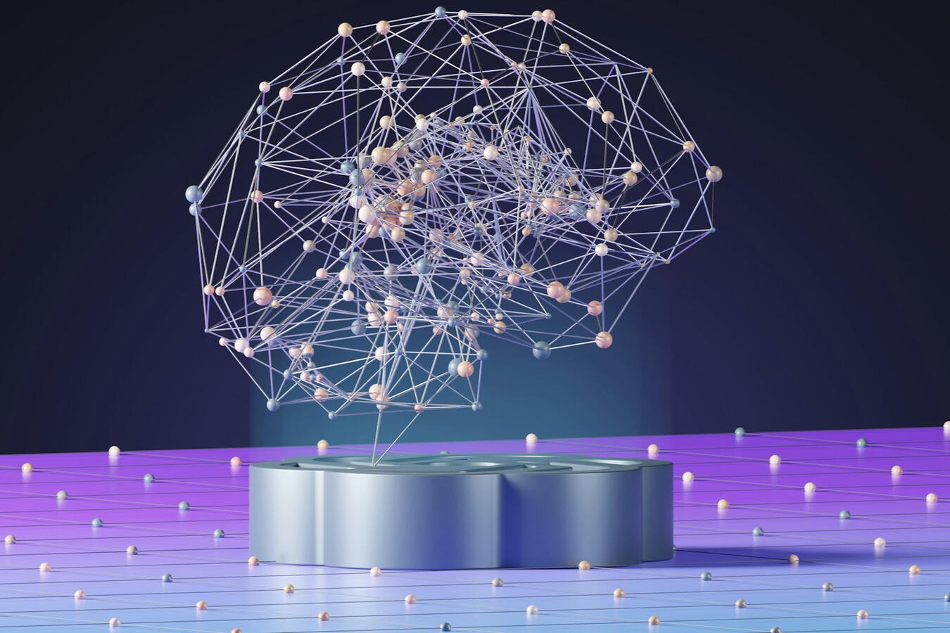 A model brain hovers over a purple surface