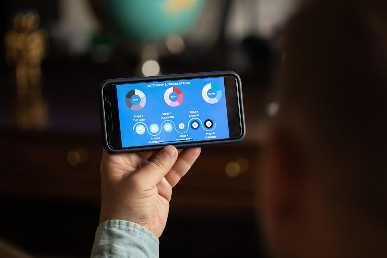 A hand holds up a phone with pie charts displayed on it